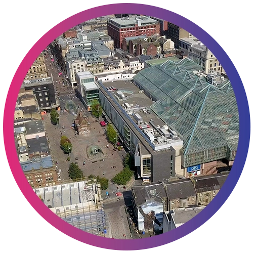 Drone flying over Glasgow Skyline