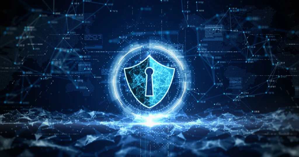 Glowing Blue shield in a digitalised environment