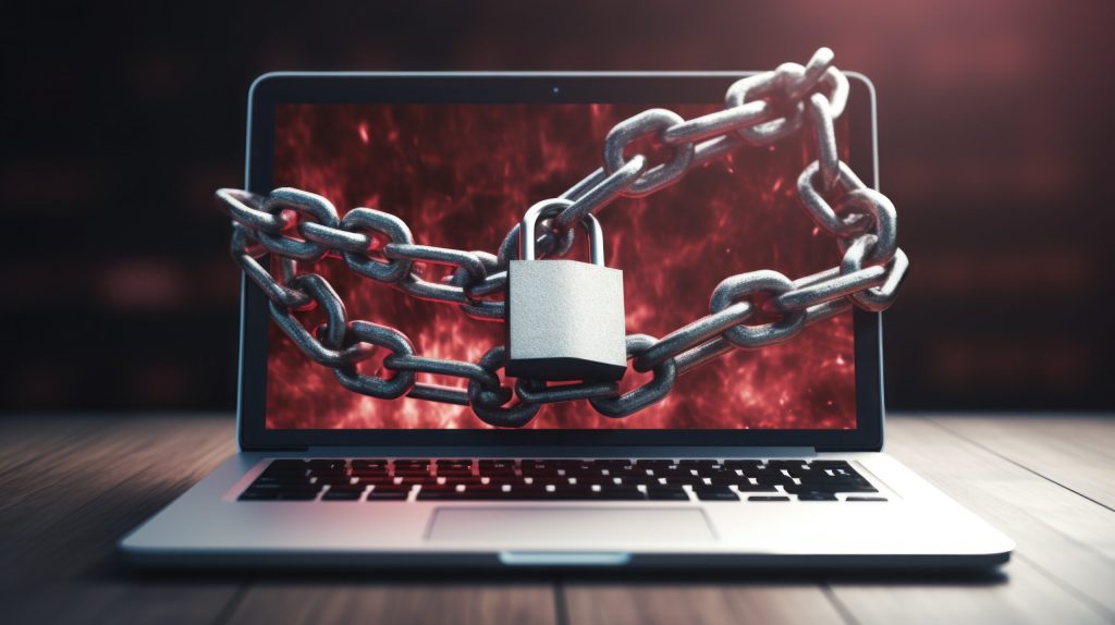 A laptop which has been chained up. Locked out of computer. Ransomware, cyber security, cryptolocker. Online danger. Virus scanner. Malware. Out of service. Call support.