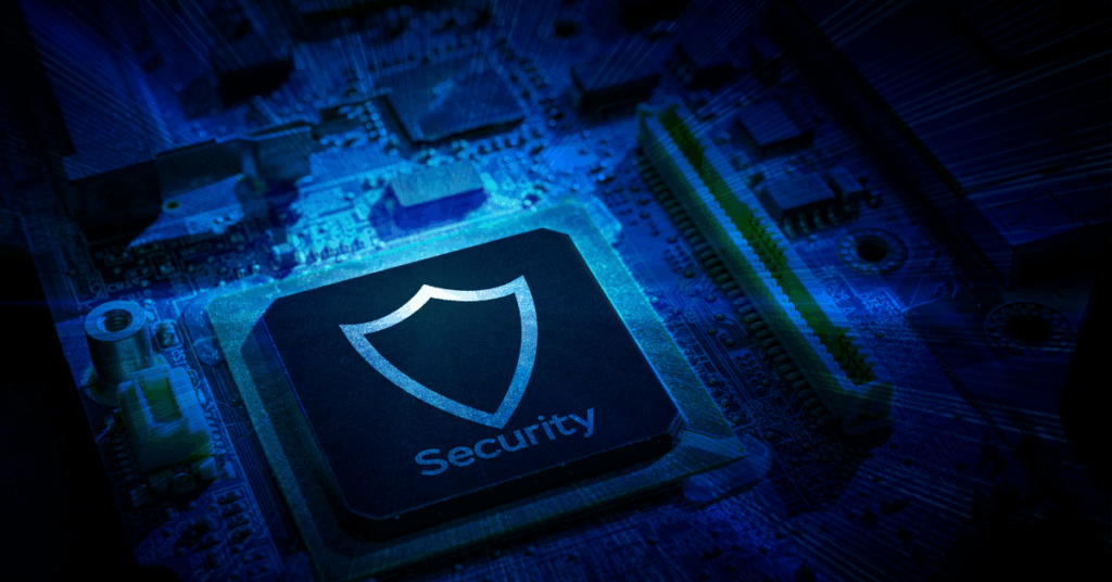 Cyber security shield badge on motherboard